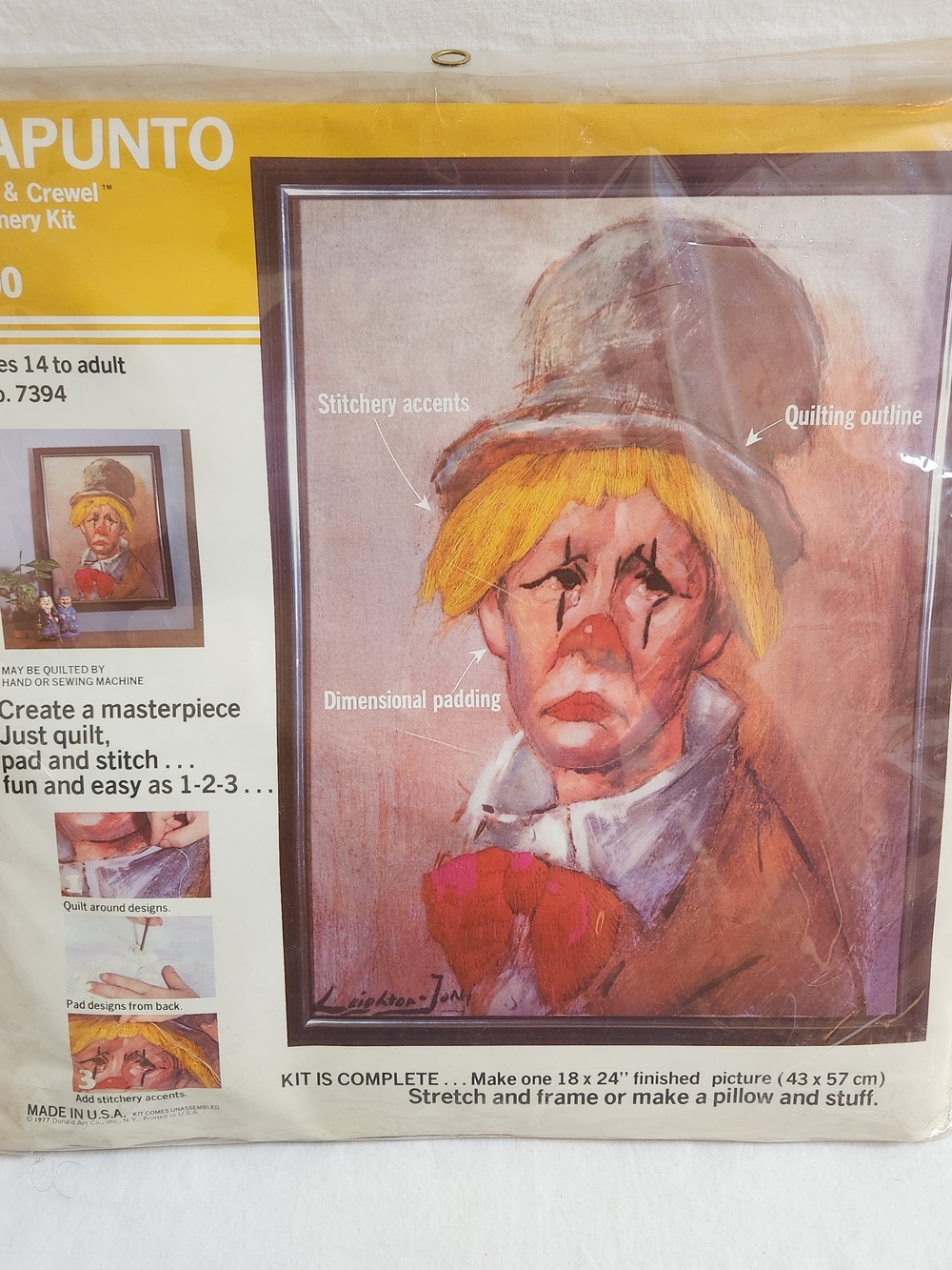 Vintage Trapunto Hobo Clown Portrait Quilting & Crewel Stitchery Kit